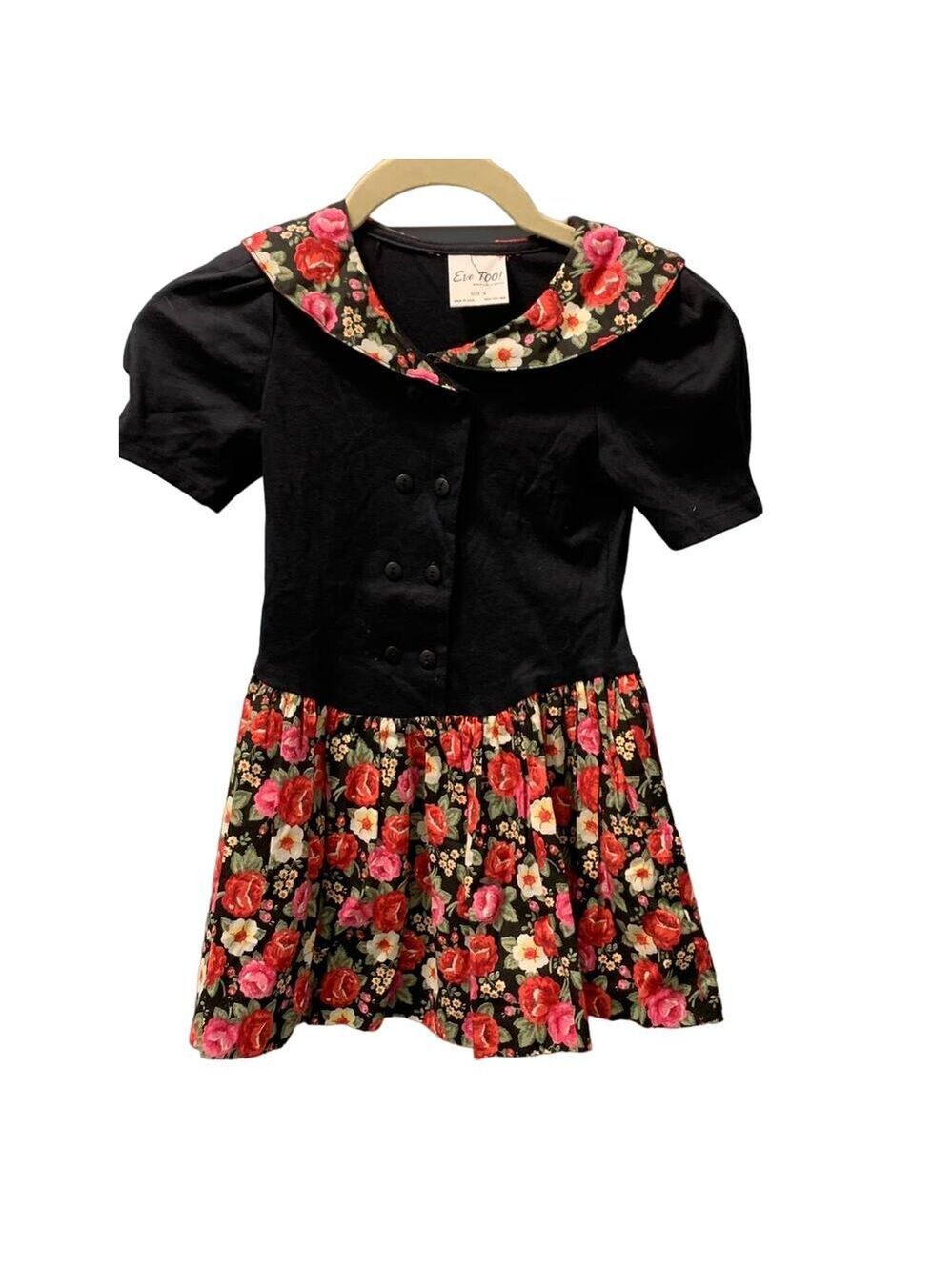 Eve Too Vintage 1950's Floral Pea Coat Flowy Girl T-Shirt Dress Black Size 6